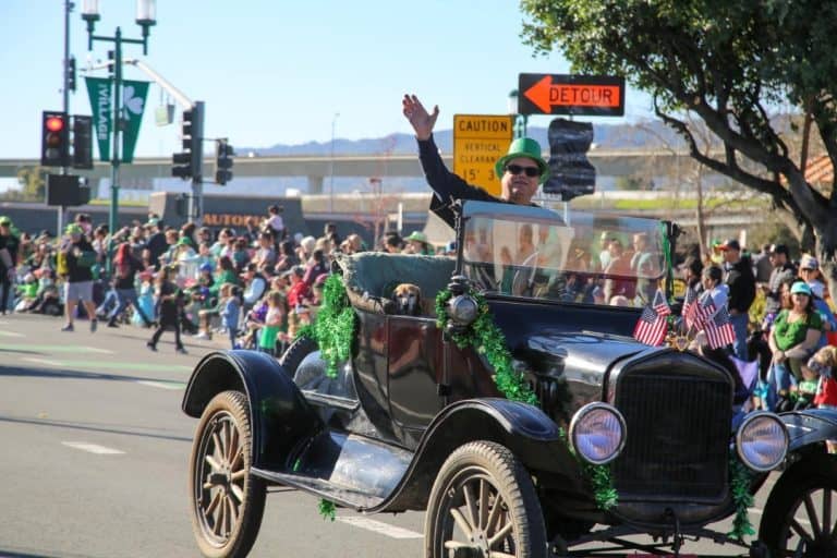 St. Patrick's Day parade with AI-themed floats and digital enhancements